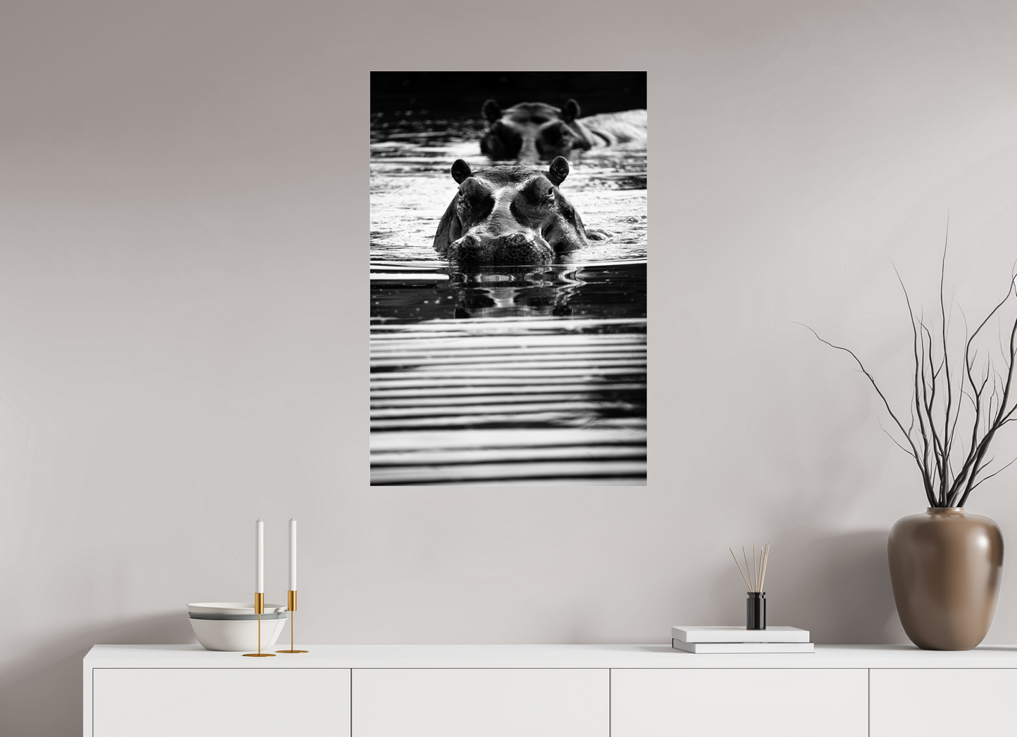 “Silent Watch” – Black & White Hippo Photography Print